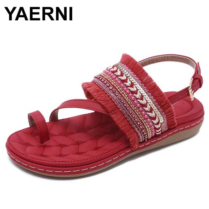 YAERNI/женские босоножки; женская Повседневная Удобная обувь на плоской подошве без застежки в богемном стиле; женские босоножки на мягкой подошве; большие размеры 35-42