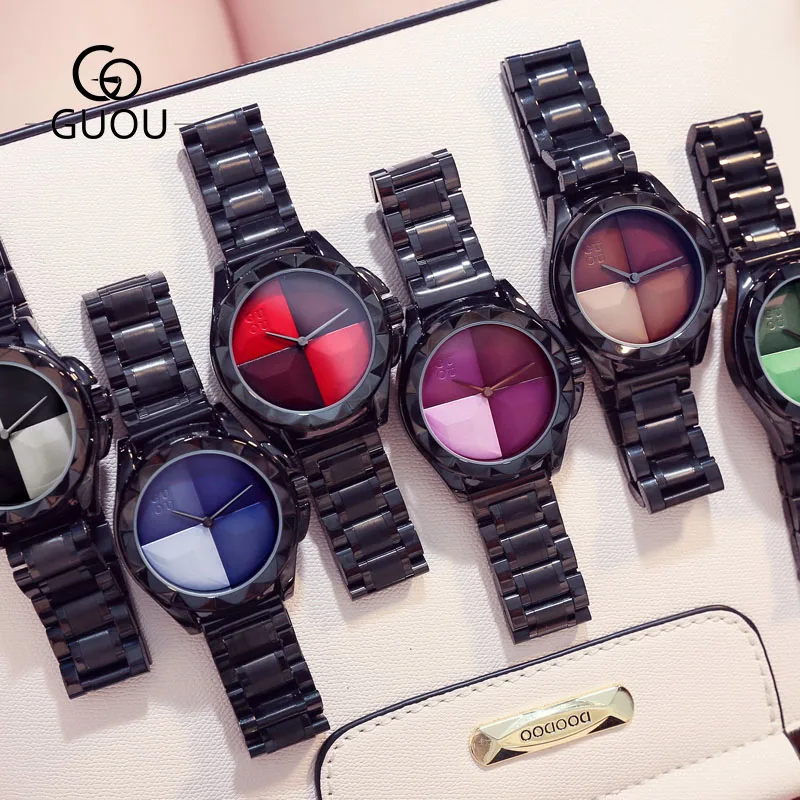 

GUOU Brand Ladies Creative Women Watches Black Steel Band Quartz Wristwatches Women Dress Clock Fashion Watch Saat Montre Femme