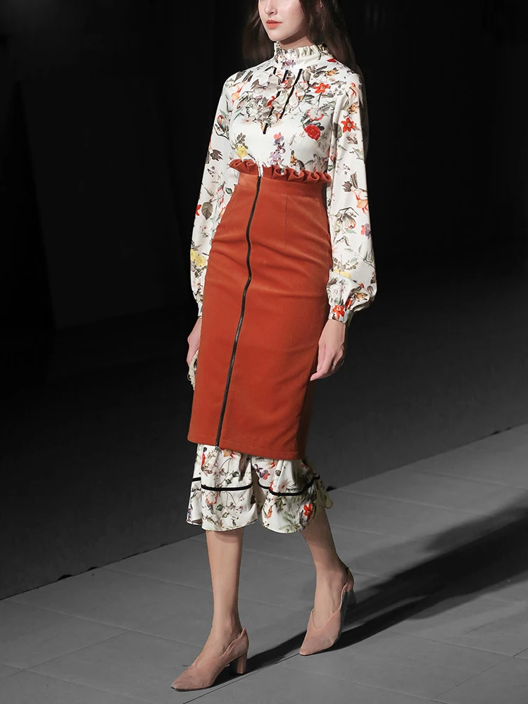 2018 дизайнерская Осенняя женская блузка с длинными рукавами фонариками и принтом