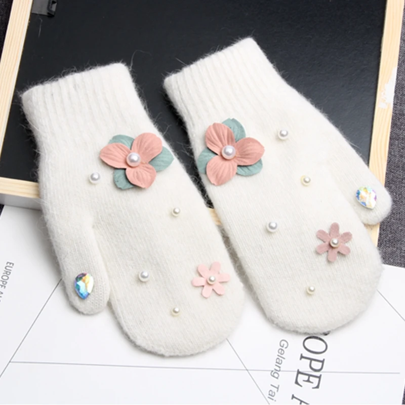 2016 популярные зимние женские перчатки с цветком из кроличьего меха на запястье