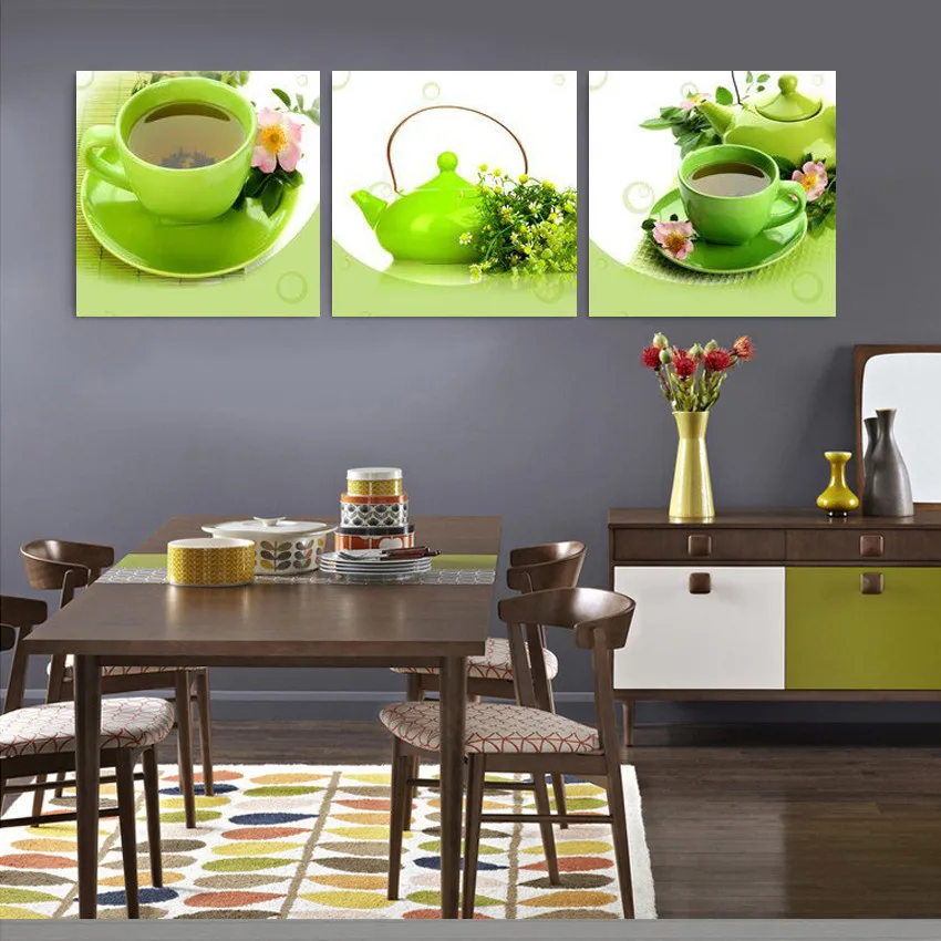 3 шт./компл. Современная Картина на холсте натюрморт зеленый чайник картины