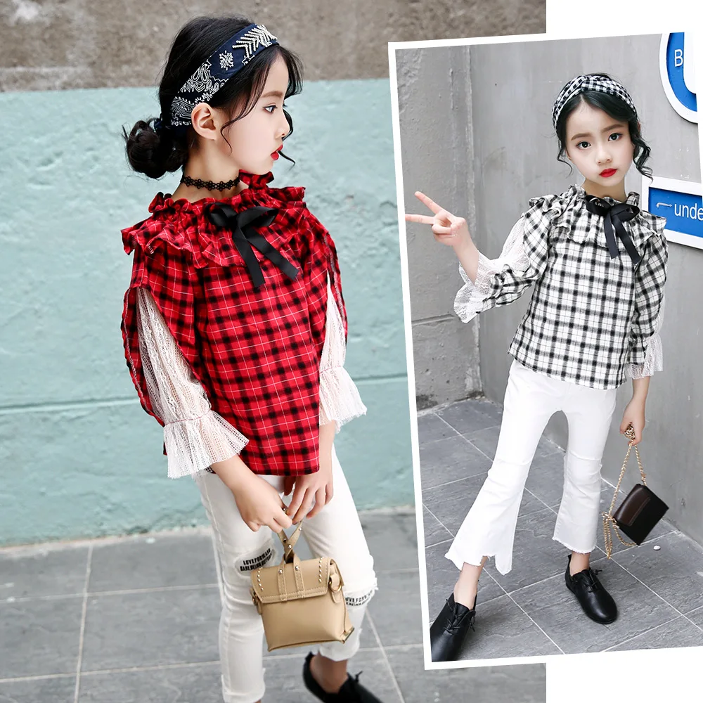 2018 детская кружевная блузка с расклешенными рукавами для девочек открытыми