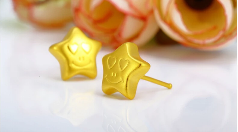 

August New 24K Yellow Gold Smiling face Star Stud Earrings 10mm 1.5g
