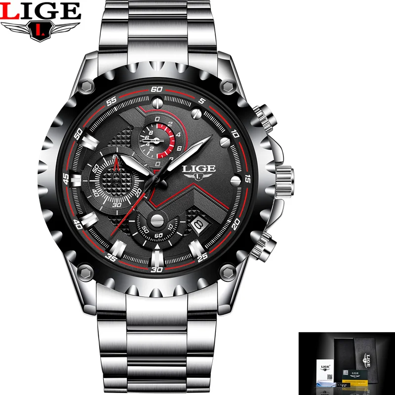 Silver black Relogio Masculino LIGE новые мужские часы, модные спортивные часы с хронографом, мужские водонепроницаемые часы из нержавеющей стали, кварцевые часы - Цвет: Silver black