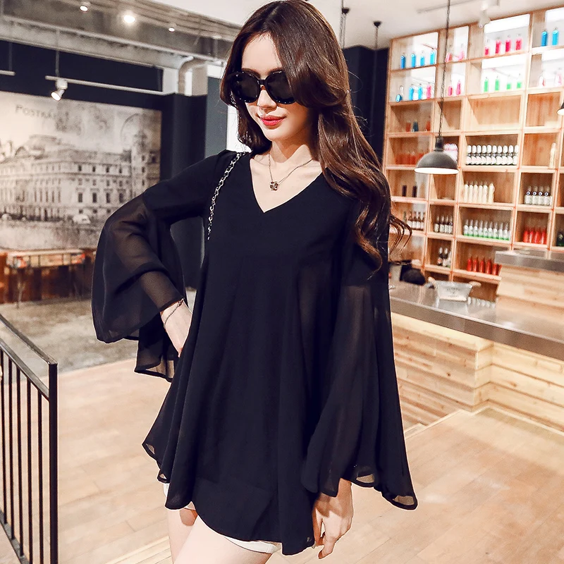 Блузка женская черная с рукавами-фонариками летняя 2018 | Женская одежда