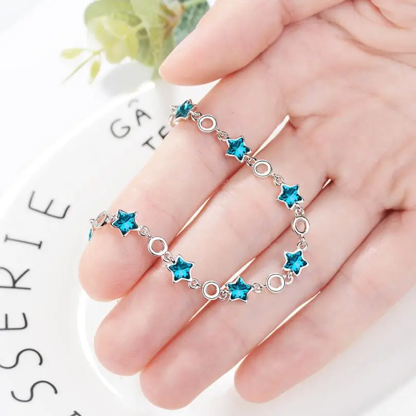 Новые синие Crystal Star Круглый Браслеты для Для женщин тенденция Творческий 925 пробы Серебряные ювелирные изделия аксессуары вечерние подарки Bijoux SAB29