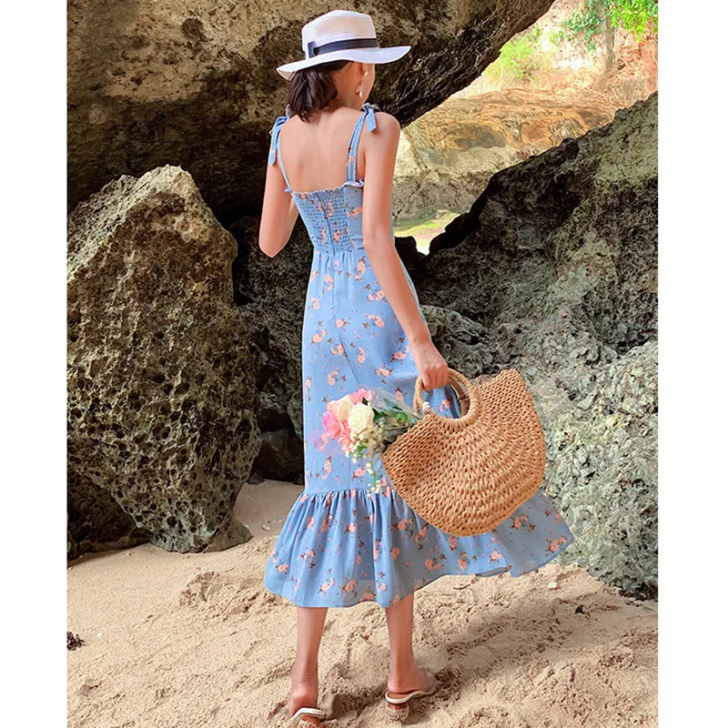 New Summer Vintage Dresses Romantic Floral Printed Vestidos Sleeveless Long Beach Dress Blue Spaghetti Strap vestidos de festa | Женская