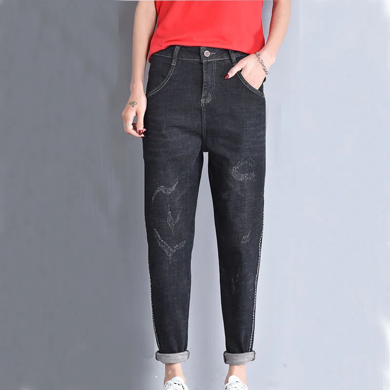 Плюс размер джинсовые брюки женские средняя талия бойфренд свободные узкие