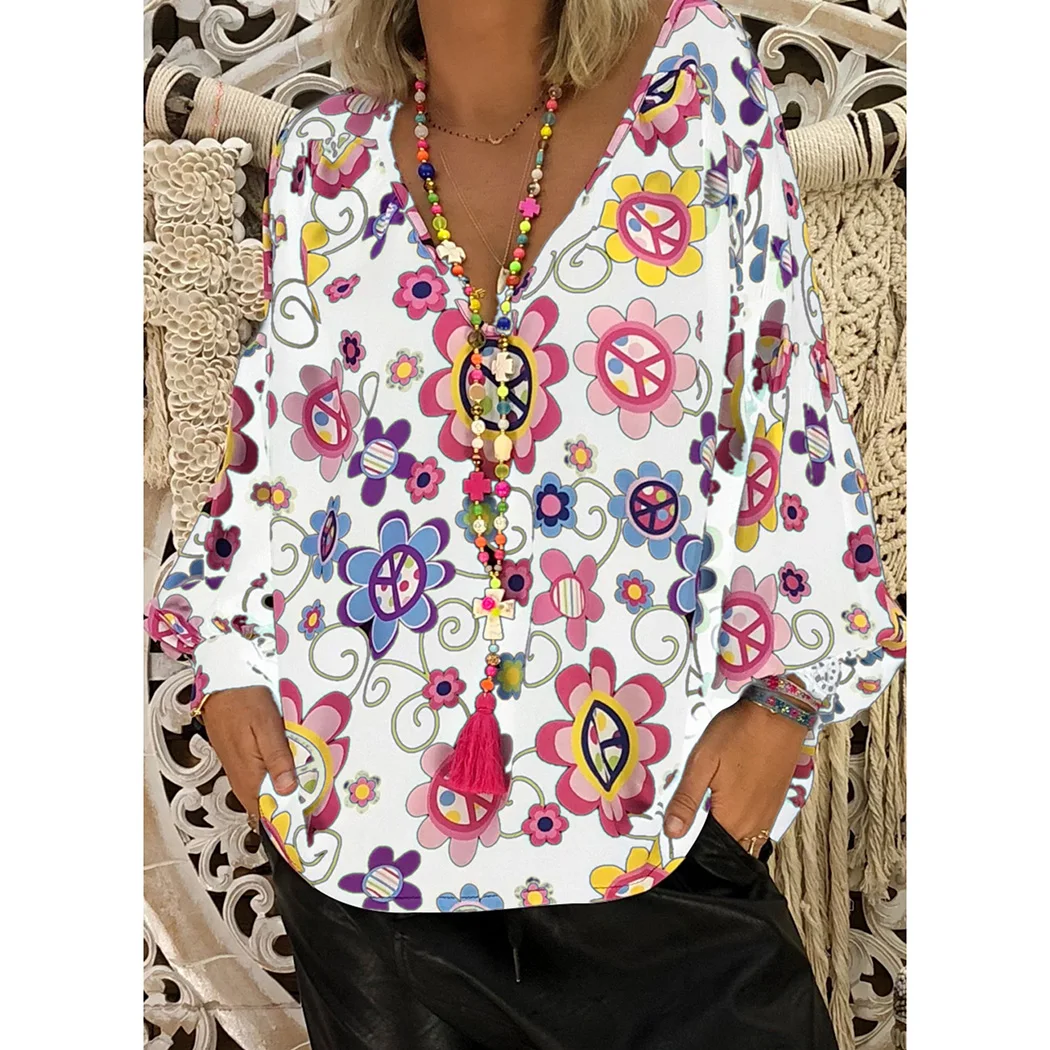 Осенняя Женская Бохо С v образным вырезом Свободная блузка Топы 5XL 2018 Модная