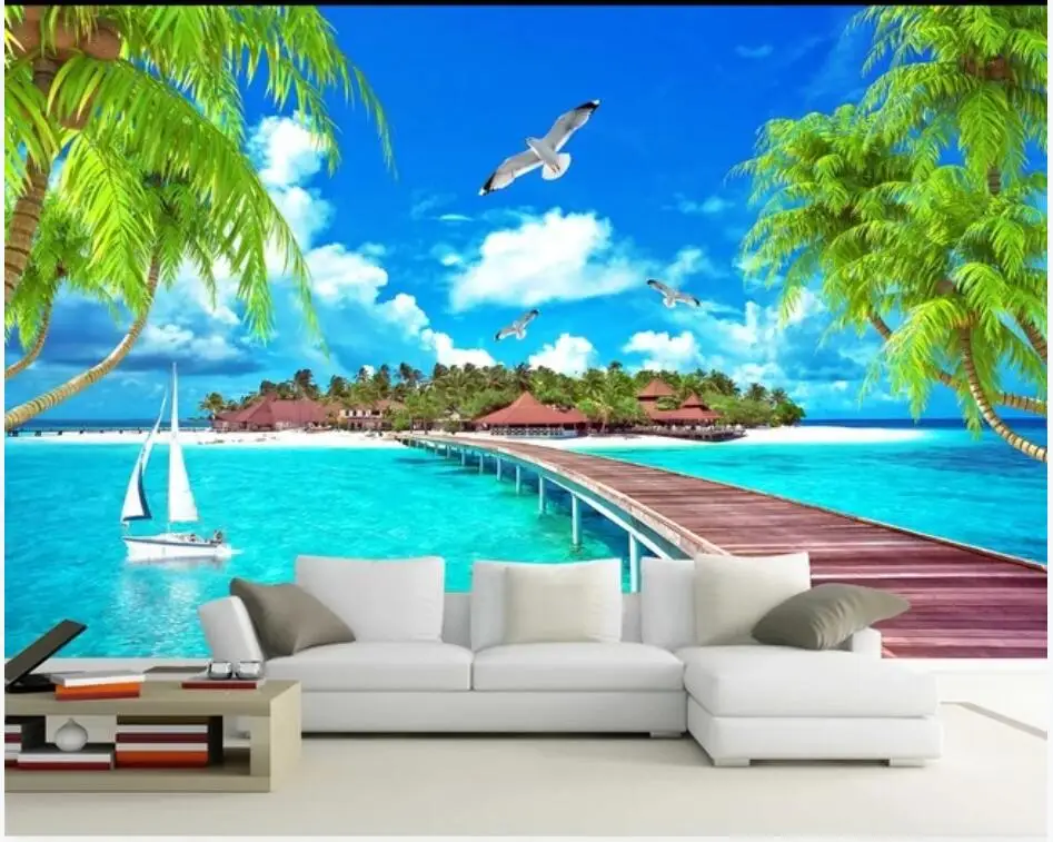 Пользовательские фото 3d обои Maldives пляж кокосовое дерево Эгейское ТВ фон