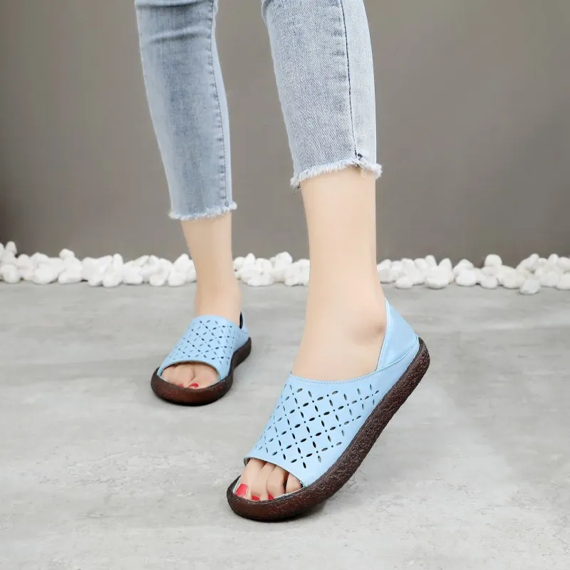 

Summer Fish Mouth Wild Hollow Soft Cowhide Leather Sandals Summer Shoes Woman Fashion Sandals Flat Plus Size Casual Sandals