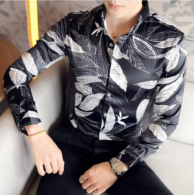 2018 Для мужчин модные Повседневное Длинные рукава рубашка с принтом Slim Fit мужской