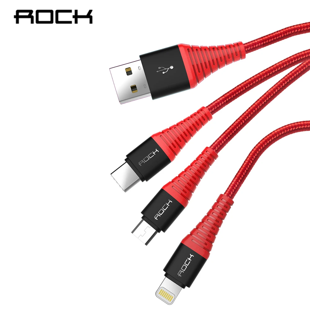 Кабель Micro USB ROCK 3 в 1 высокопрочный кабель Lightning для iPhone XS Samsung Galaxy S8 Type C быстрая