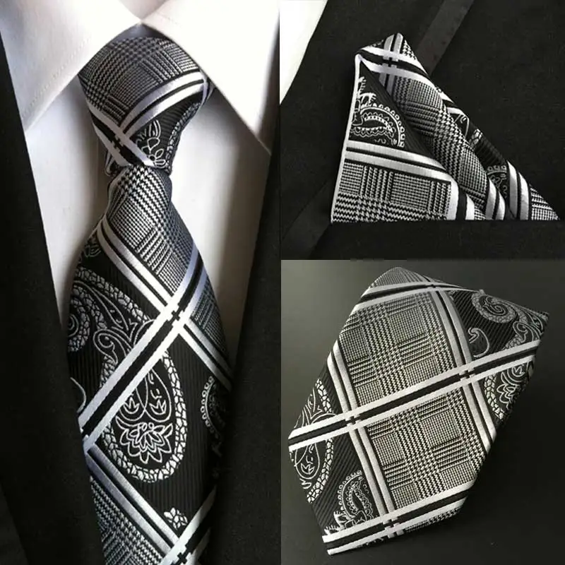 HOT 8cm Men Silk Tie Striped plaid Necktie Handkerchief Set Luxury Neck Ties Men's Classic Party Wedding Pocket Square Sets |