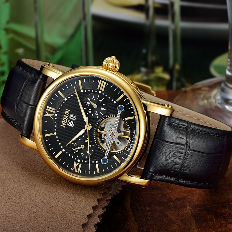 Мужские швейцарские часы Nesun Skeleton Tourbillon роскошные фирменные автоматические с