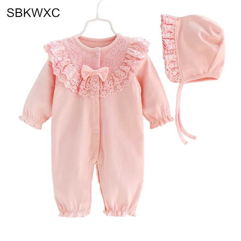 

Cute Newborn Baby Girl Romper Clothes 0-12M Infant Bebes Princess Girls Lace Baby Jumpsuit+hat 2pcs Outfit Sunsuit