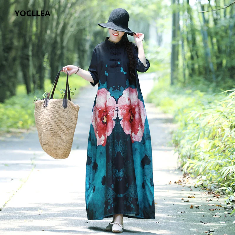 Женское платье из хлопка и льна с принтом Boho, осень, свободные платья с воротником-стойкой и рукавом средней длины, винтажное Повседневное платье большого размера