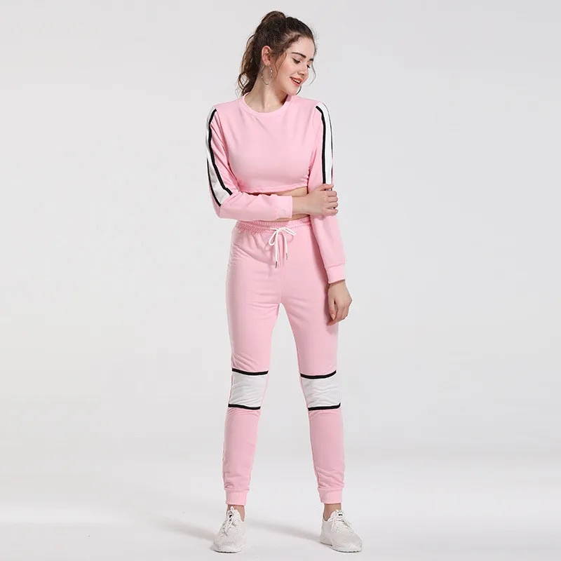 2020 повседневный розовый женский спортивный костюм свободные кроп топы и длинные