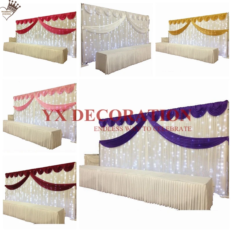 

10 футов 20 футов белый лед шелк фон занавес со светодиодное Освещение сцены фон включает топ Swag драпировки valance события украшения