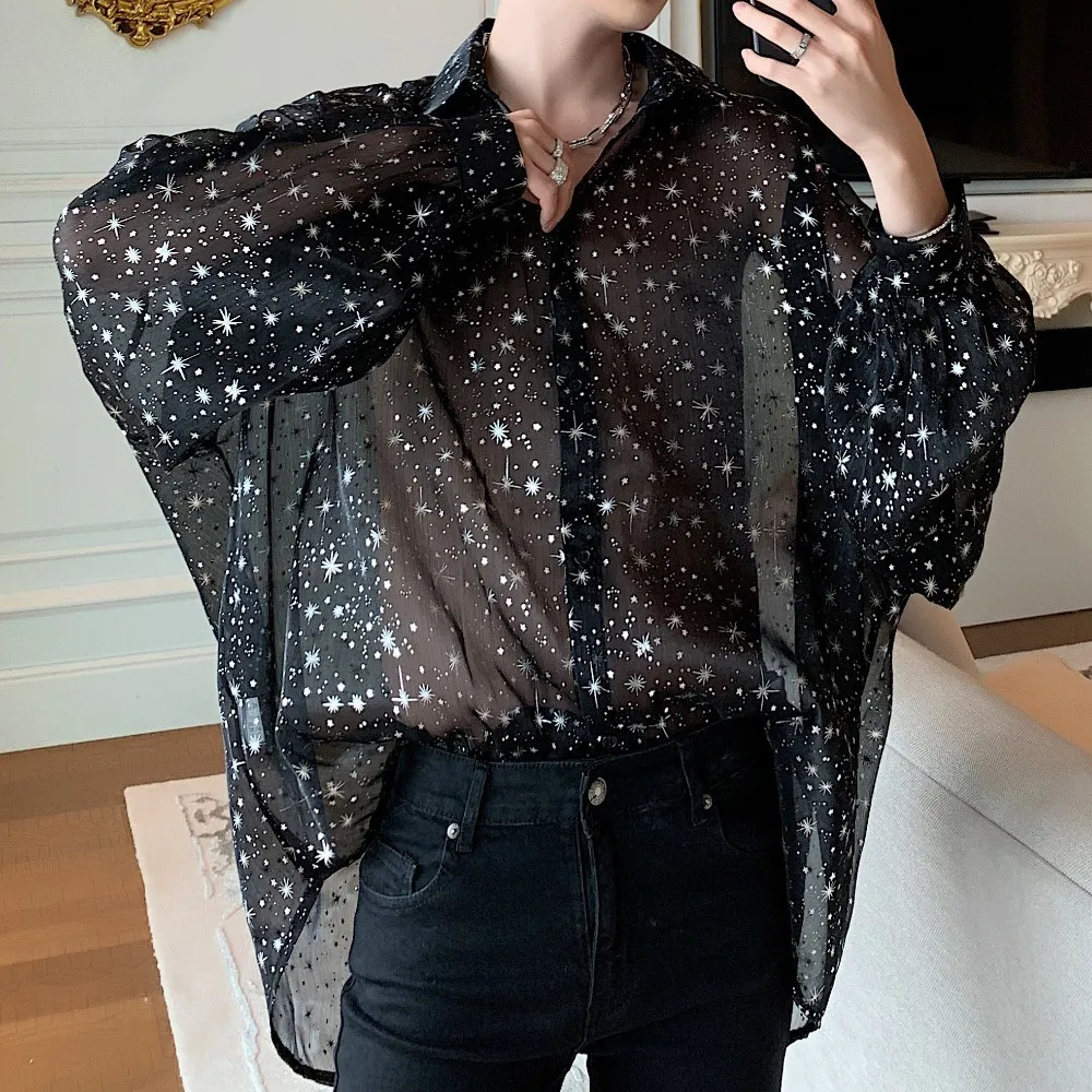 Рубашка мужская оверсайз с длинным рукавом Повседневная блуза в стиле хип-хоп