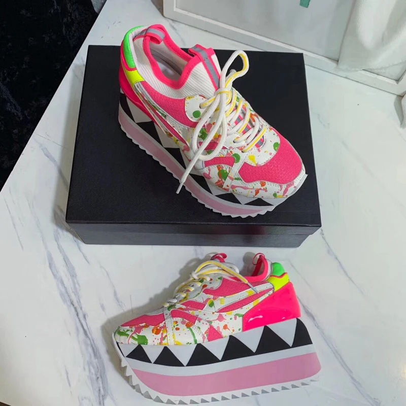 Royal Belle 2019 Hot BlingBling Sequins Platform Sneakers Women Mixed Color Lace Up Thick Bottom Ladies Sports Shoes | Обувь