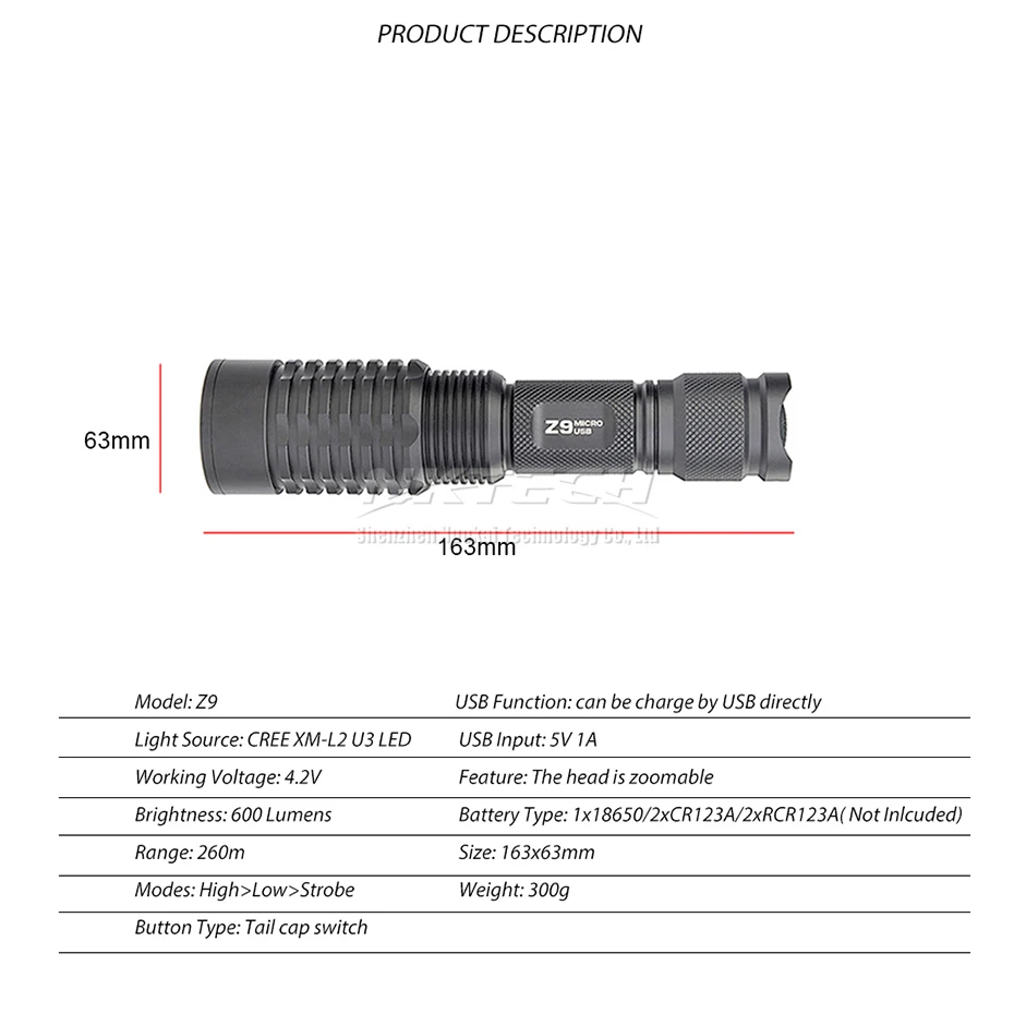 TrustFire Zoom СВЕТОДИОДНЫЙ фонарик Z9 XM-L2 Zoomable Водонепроницаемый фонарь с порт зарядки Micro USB для кемпинга, рыбалки, пеших прогулок