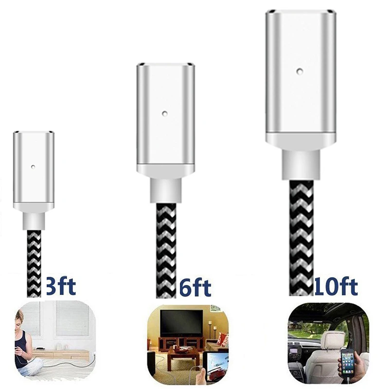 3/6/10 футов LED USB Type C/Micro USB/IOS Магнитный кабель C быстрый разъем Кабель адаптер для