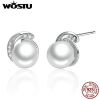wostu genuine 925 sterling silver pearl stud earrings clear cz for women luxurious engagement christmas fine jewelry gift