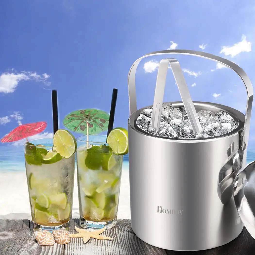 Homdox Stainless Steel Handle Ice Bucket Chrome Finish Thick Ice Pail with Tweezers