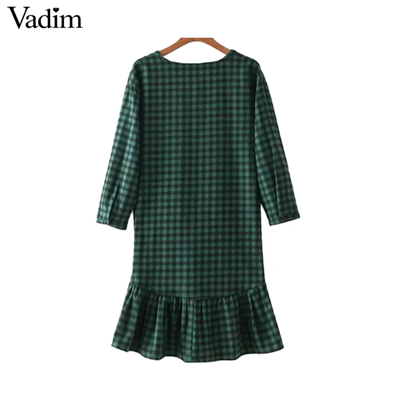 Vadim V neck ruffled floral embroidery plaid dresses flower pattern vintage chic casual loose mini vestidos mujer QZ3232 | Женская