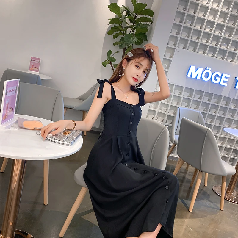 2019 длинное летнее платье освежающее Сексуальное Платье милое однобортное черное