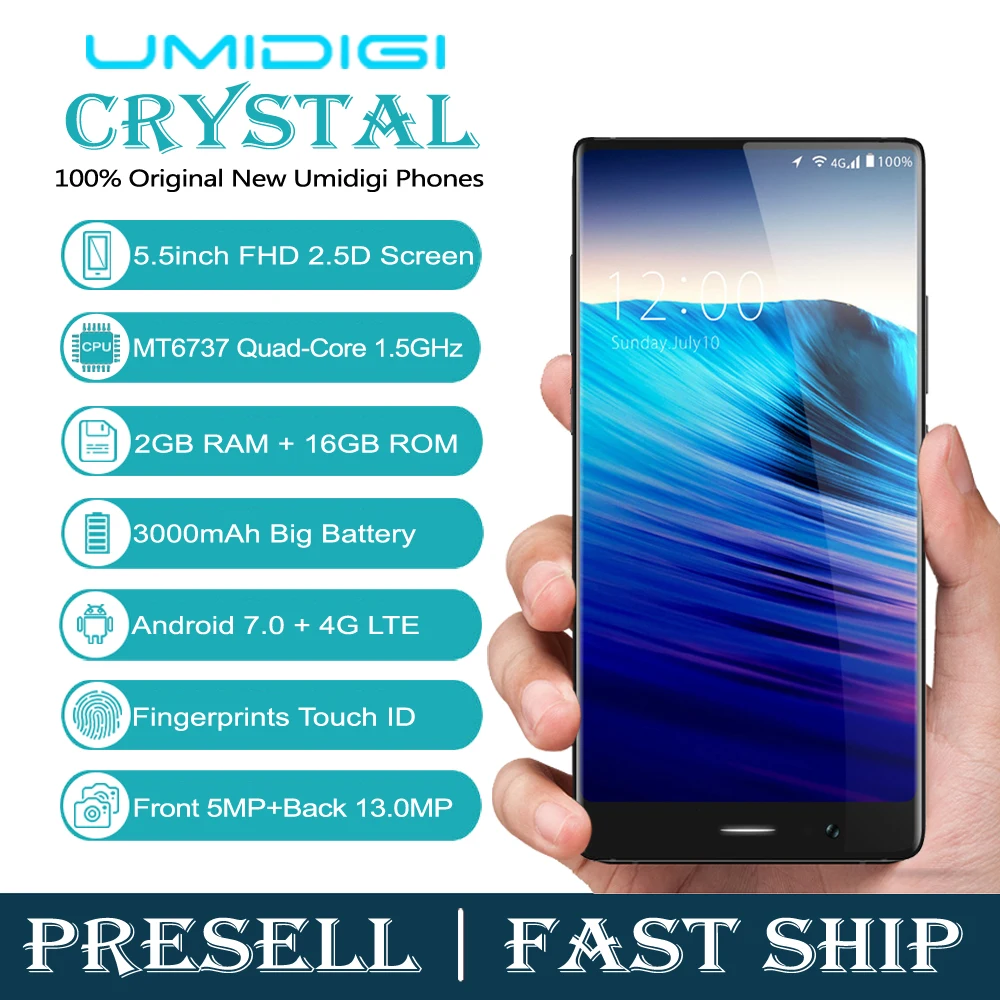 Umidigi Кристалл android7.0 смартфон mtk6737 4 ядра 2 ГБ Оперативная память 16 Встроенная 5.5