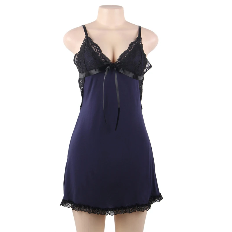 Blue Night Robe Кружевное Ночное платье с чашечками, сексуальное женское Хлопковое платье размера плюс, кружевные ночные рубашки с открытой спиной на бретелях, сексуальное платье-пеньюар RW80731 - Цвет: Blue Night Robe