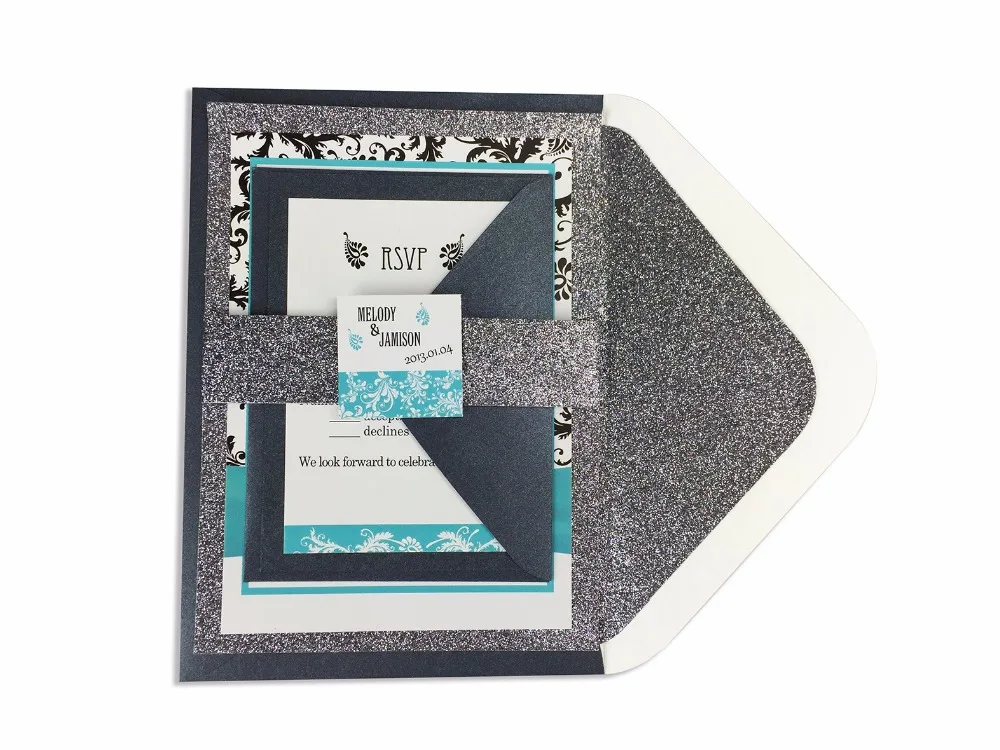 30 шт./лот Блестящий лайнер конверт приглашение и RSVP набор (включая живот тег)