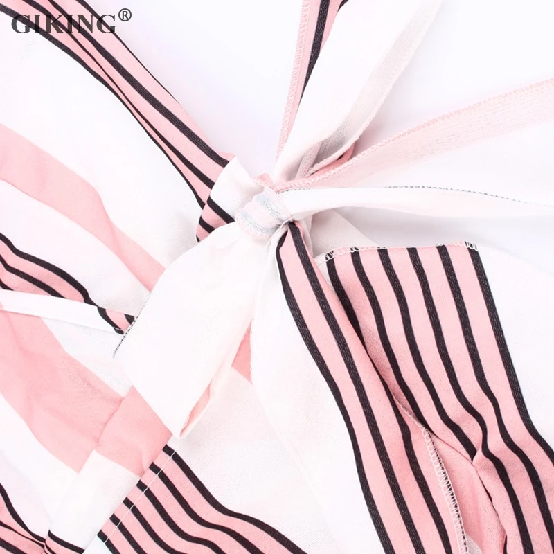 GIKING Summer Striped Floral Print Dress For Women Sexy V-neck Spaghetti Strap Bandage Mini Party Backless Boho Vestidos | Женские
