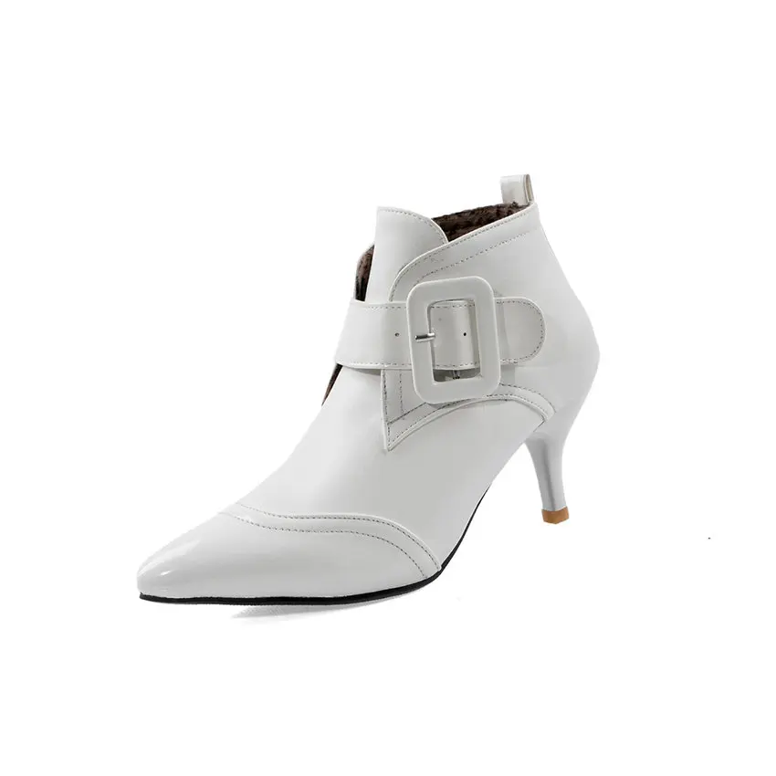 Белый QUTAA Patent Leather Mixed Color Buckle Strap Women Shoes Autumn Winter Sexy Thin Heel Pointed Toe Ankle Boots Size 34-43 - Цвет: Белый