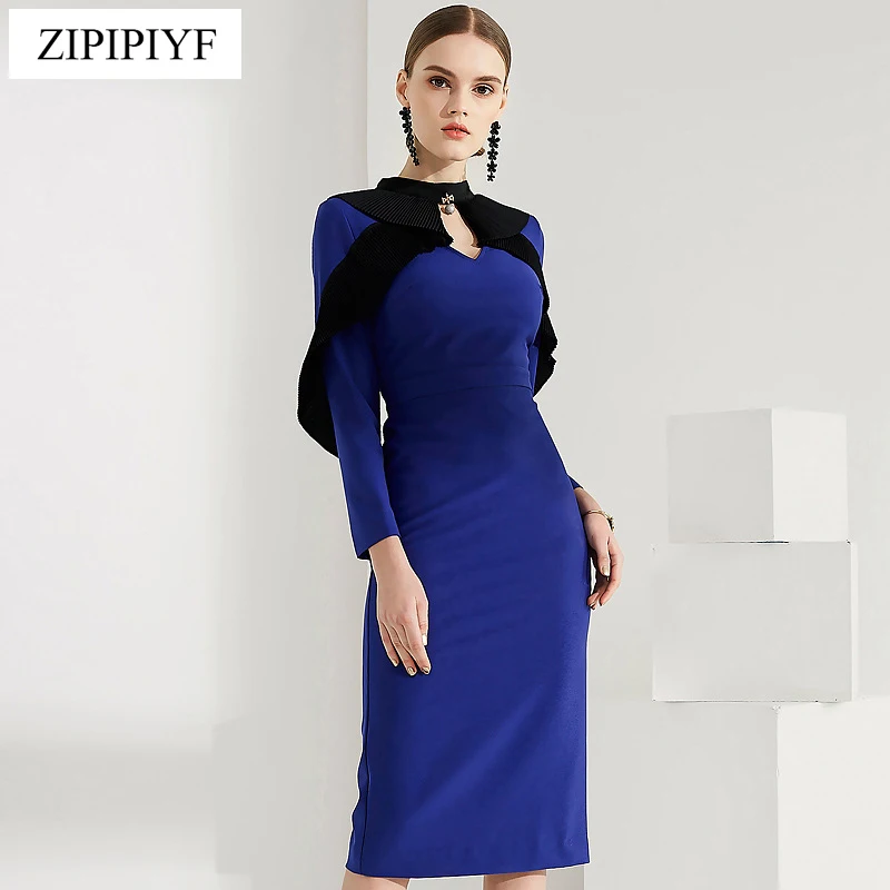 ZIPIPIYF высокое качество взлетно-посадочной полосы модная одежда с длинным рукавом выдалбливают Бисероплетение до колен Тонкий Карандаш офис леди праздничное платье G0105 - Цвет: Picture
