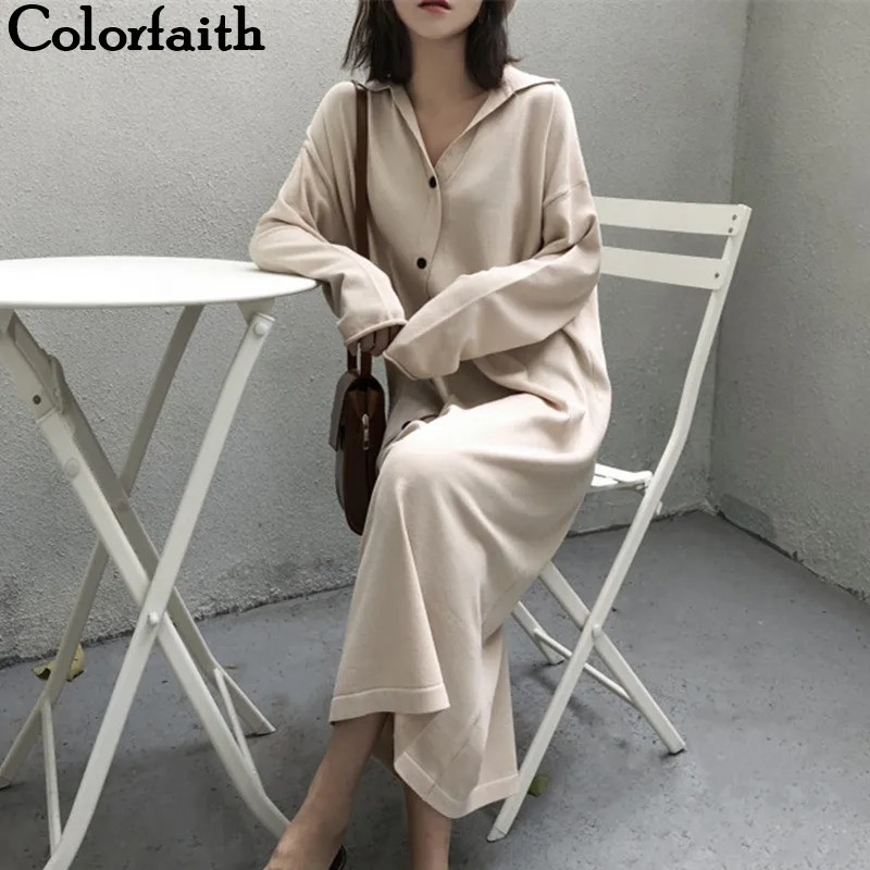 Colorfaith, новинка, женские платья, Осень-зима, одинарные, повседневные, прямые, с отложным воротником, асимметричная, свободная одежда DR4292