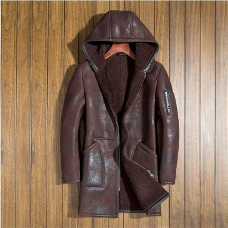 Мужское пальто из натуральной овечьей кожи коричневое или Черное длинное с