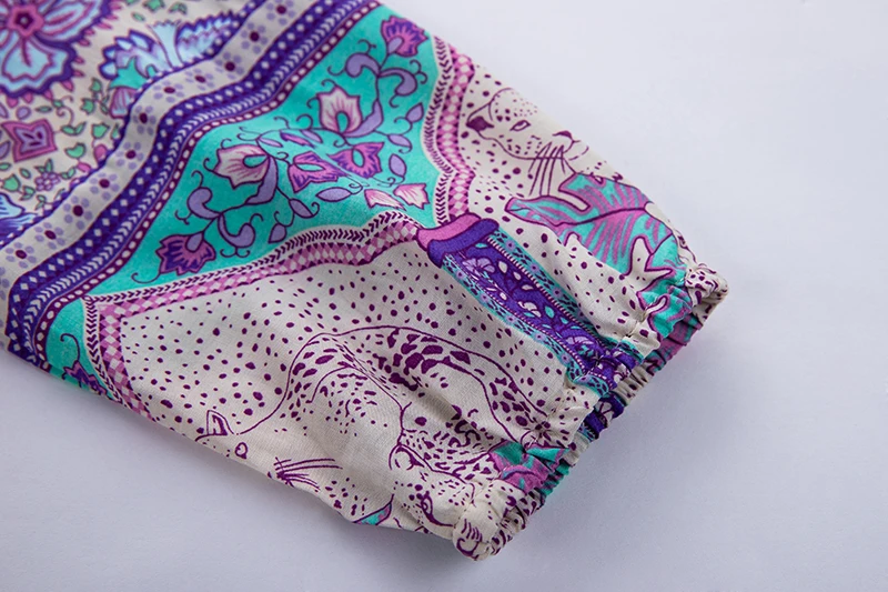 Everkaki Boho Gypsy блузка с принтом, женские топы, хлопок, пуговицы, рукав-фонарик, шея, завязанная, сиреневая, богемная блузка, женская,, весна, Новинка