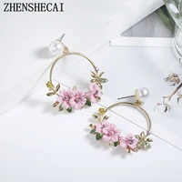 trendy cute pink flower earrings for women girls jewelry female rhinestone gold metal round circle stud earrings gifts brincos