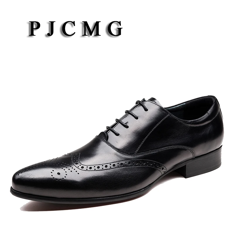 

PJCMG Fashion Black/Red Lace-Up Pointed Toe Genuine Leather Business Carved Formal Casual Dress Oxfords Shoes For Man