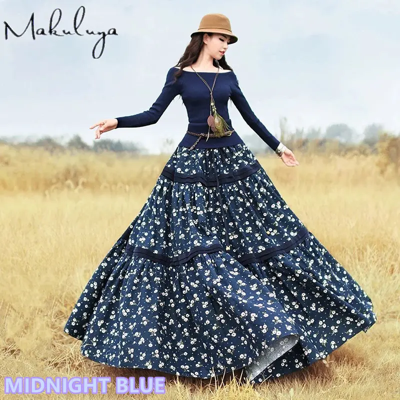 MIDNIGHT BLUE Makuluya женские богемные шикарные сельские длинные юбки для девочек с цветочным принтом хлопок цветок Весна Осень Зима Лето Женский L6 - Цвет: MIDNIGHT BLUE