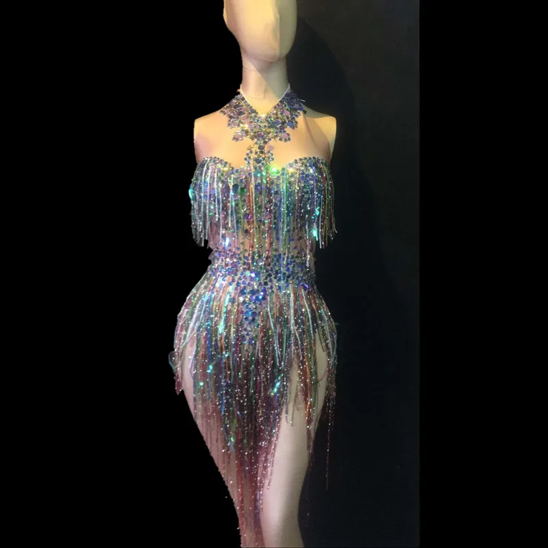 Christia Bella Bling Bling Rhinestone Bodysuit Women Stage Costumes Nightclub Tassel Jumpsuit Sexy Singer Outfits Performance