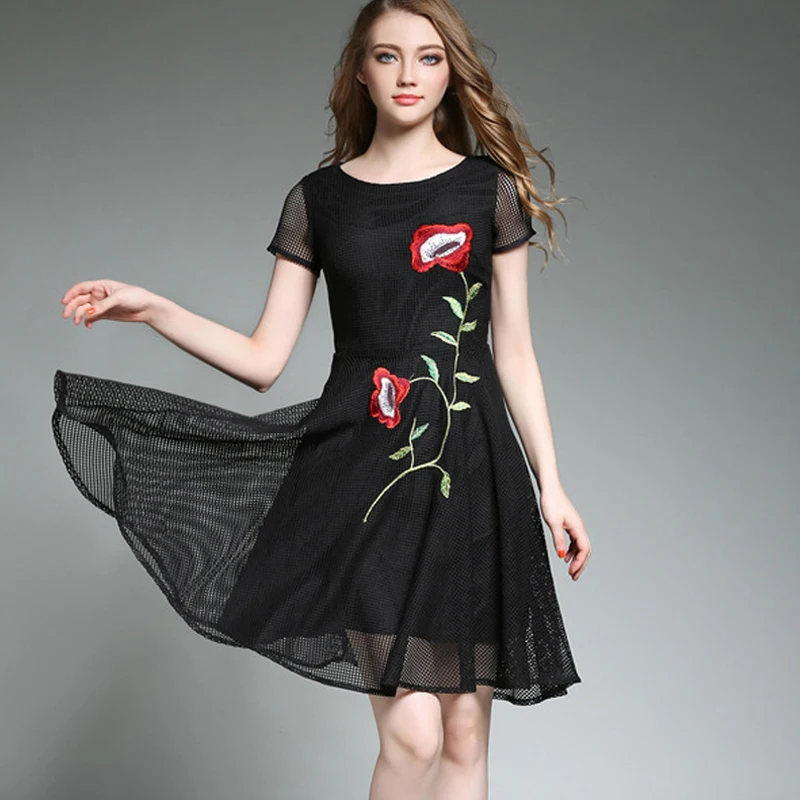 2017 лето dress женщины винтаж партия вышивка цветочница коротким рукавом свадебное