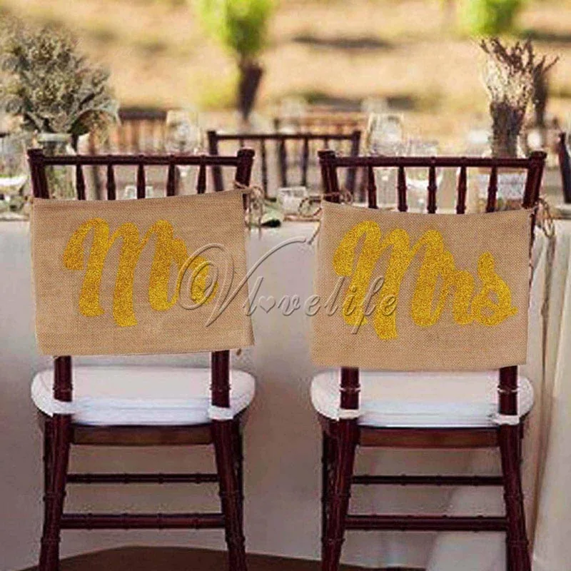10 комплектов Блестящий Золотой Mr Mrs знак стула Мешковина Свадебные реквизиты