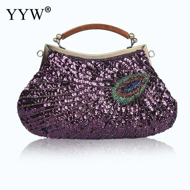 purple Винтажные женские вечерние сумки с павлиньим узором, украшенные блестками и бисером, мини-сумочка на цепочке, роскошные вечерние клатчи, свадебные подарки, сумочка для невесты - Цвет: purple