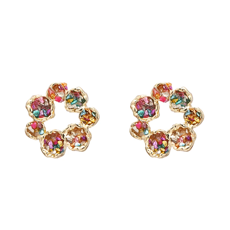 Yhpup Trendy Korean Flower Geometric Stud Earrings Natural Colorful Crushed Stone S925 Brincos for Girl Women Party Jewelry Gift