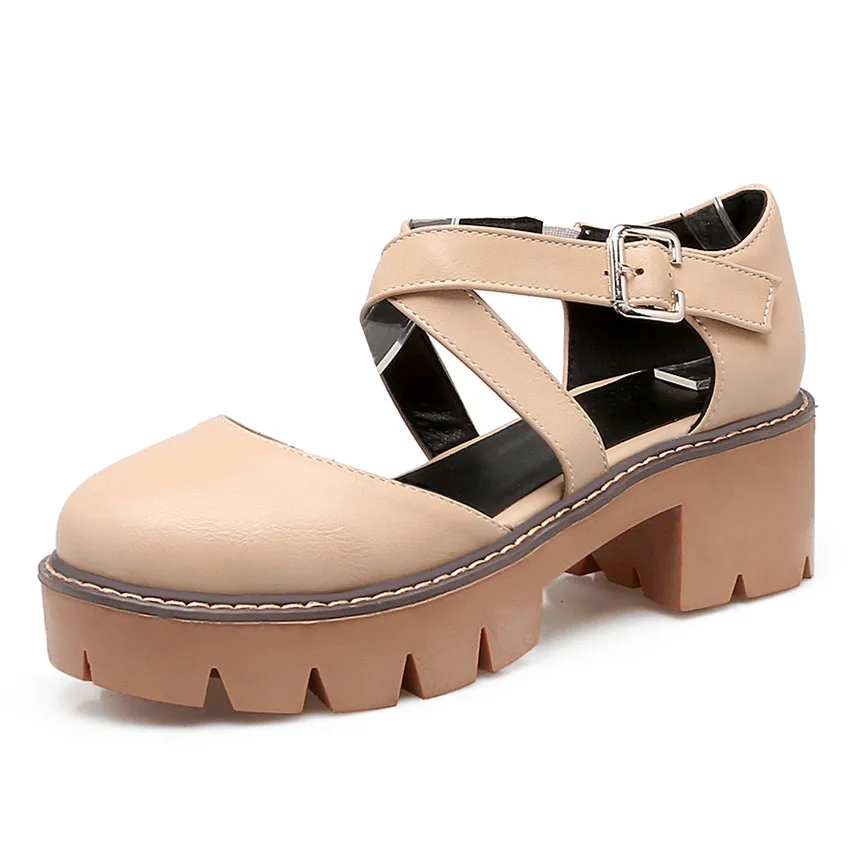 beige Gdgydh/ г. Новые летние женские сандалии Милая Женская обувь в гладиаторском стиле на не сужающемся книзу массивном каблуке с круглым носком и вырезами обувь на платформе и каблуке, большой размер 43 - Цвет: beige