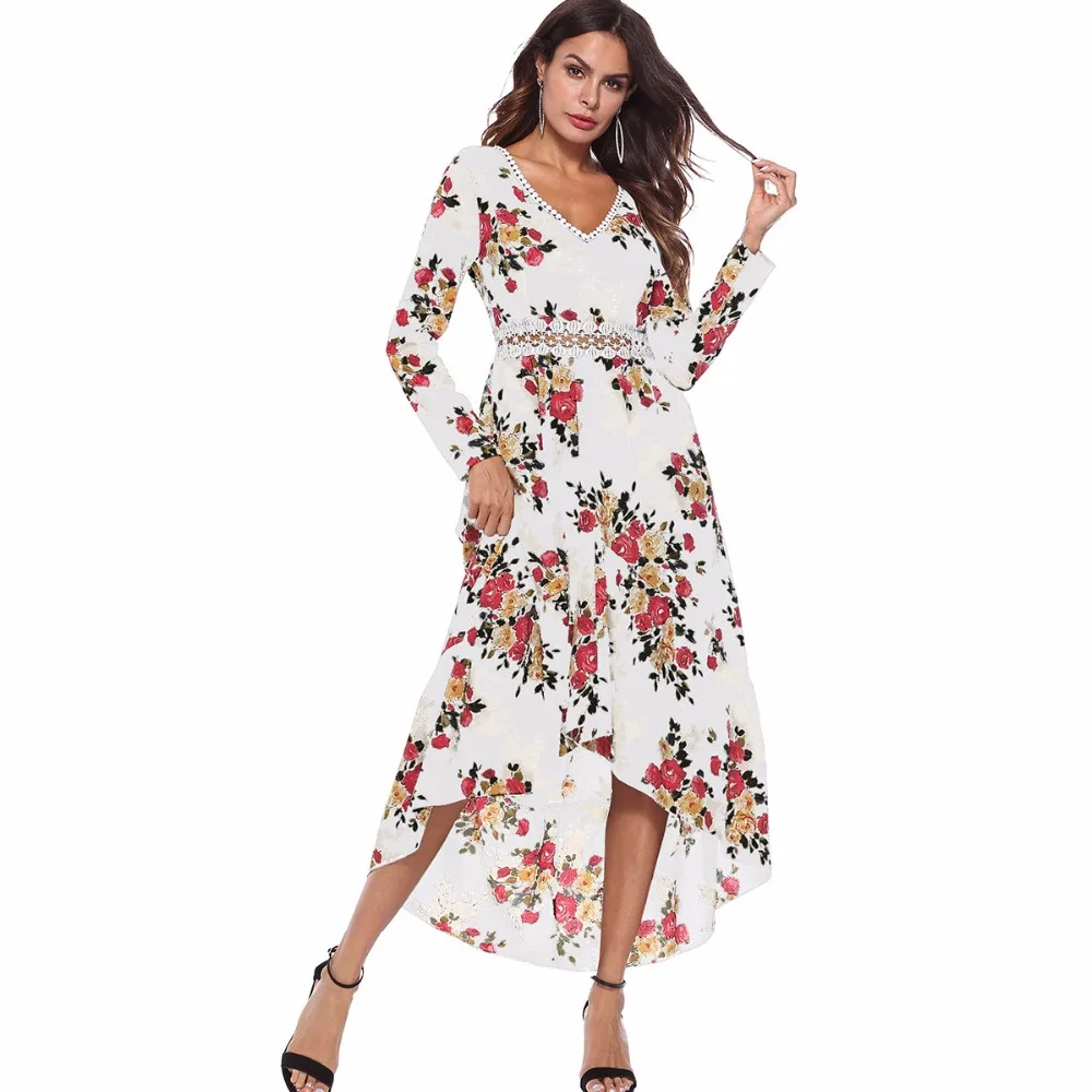 Floral Print Long Women Dress V-Neck Full Sleeve Spring Sexy Hollow Out Waist Personality Western Style Gilr Clothes |